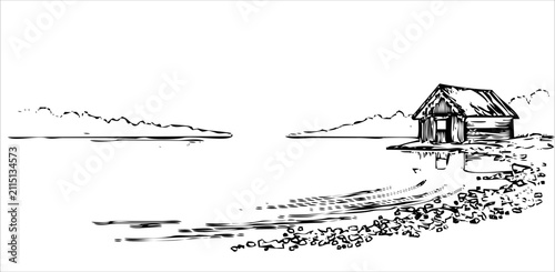 A serene lake scene with a small house in elevation view.