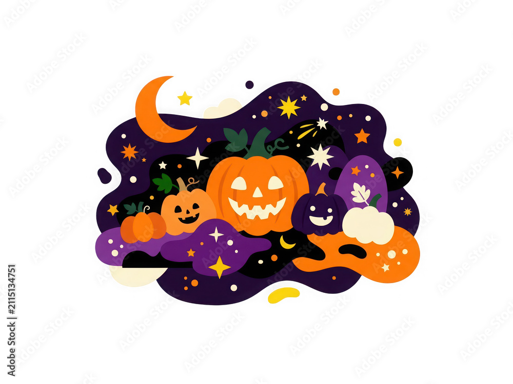 Fototapeta premium Halloween pumpkin patch illustration with glowing stars and moon in flat modern aesthetic design.