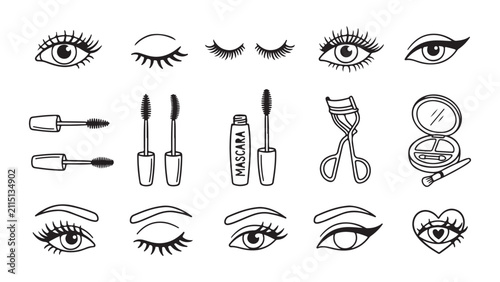 Quadro su tela Collection of Eye Makeup Products and Beauty Tools - Vector Illustration Set