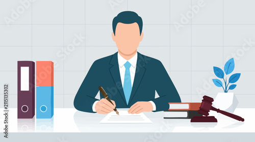 Lawyer or businessman signing a legal document with gavel and books on desk