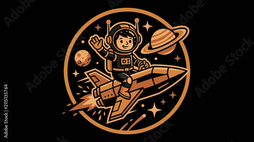 Cute Little Boy Astronaut Riding a Star Cruiser Rocket in Outer Space Badge Vector Illustration