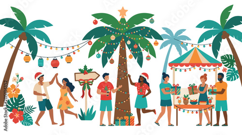Tropical Christmas Celebration People Dancing and Exchanging Gifts Under Palm Trees vector