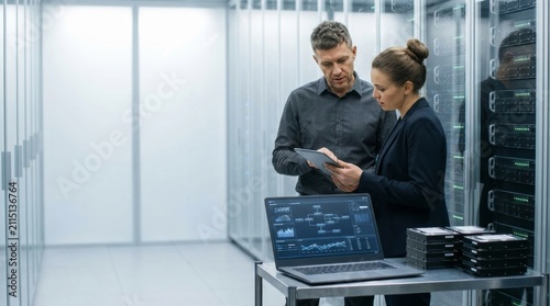IT specialists collaborating in a data center, analyzing network performance on a tablet and laptop with server racks and hardware in a bright, modern facility.