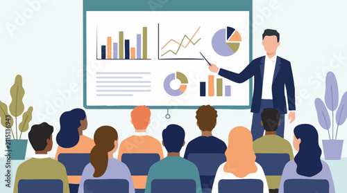 Professional giving a business presentation with charts and graphs to an audience