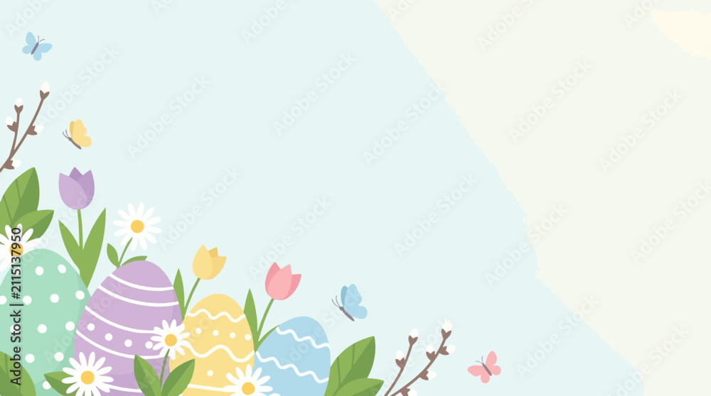Fototapeta premium Spring Easter Eggs Flowers Butterflies Pussy Willow Branches Pastel Background vector