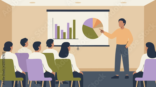 Professional presenting data charts to an attentive audience in a business meeting