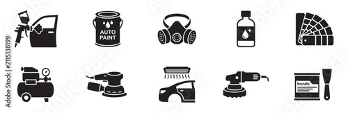 Auto paint and body repair shop icon set. Car detailing tools including spray gun, air compressor, respirator mask, sander, orbital polisher, and bondo putty. Vector illustration.