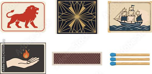 Vintage Matchbox Label Art and Matches Vector Set with Lion, Sailing Ship, Hand with Fire, and Geometric Safety Match Designs for Nostalgic Graphic Branding