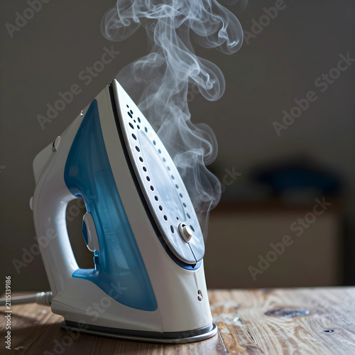 White and blue steam iron with visible steam rising from the soleplate on a wooden table, the household appliance is ready for laundry tasks, smoothing wrinkles from clothing and fabrics
