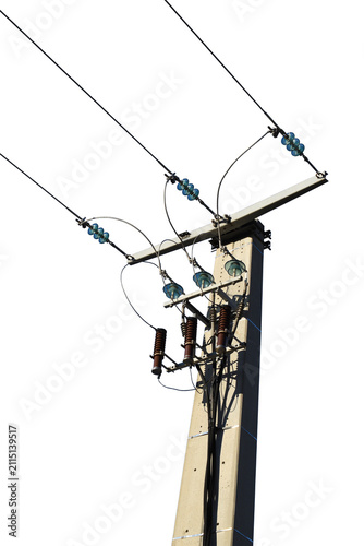 Utility pole supporting wires for electrical power distribution isolated on the transparent background