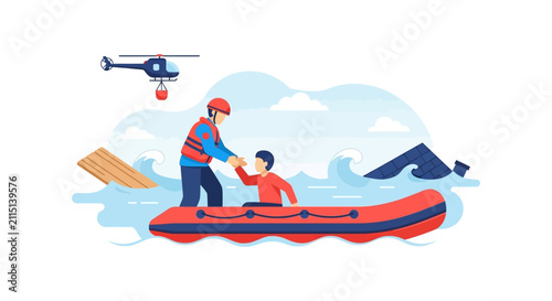 Rescue helicopter and emergency responders in a water rescue silhouette