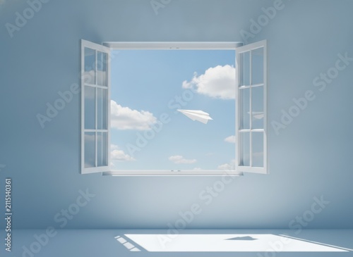 Open window with blue sky and clouds, concept of freedom and possibilities