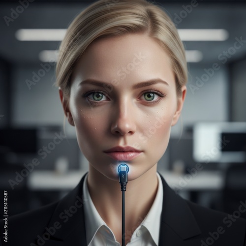 Businesswoman with microphone in modern office, concept of communication and professionalism