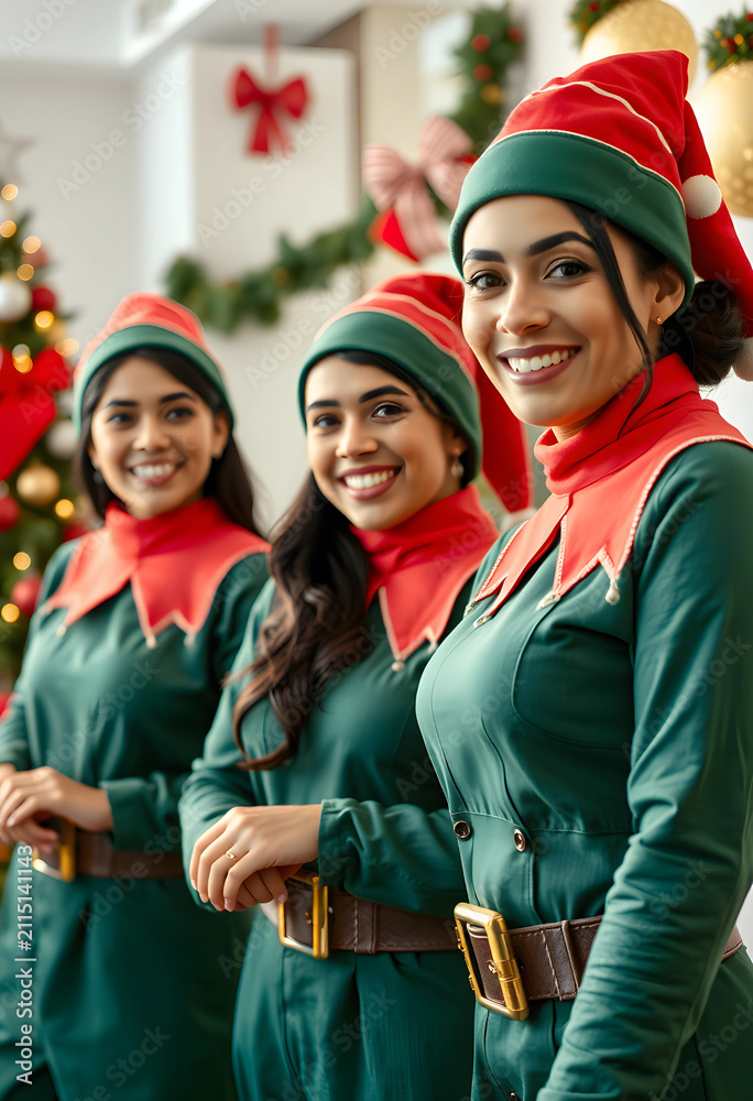 Fototapeta premium Three smiling young women dressed as christmas elves in green and red costumes with belts, holiday season celebration