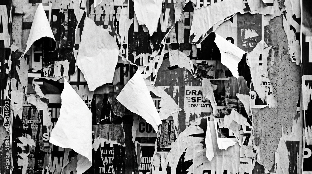 Naklejka premium Gritty black and white torn posters on urban brick wall
