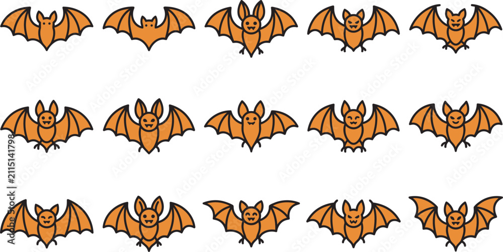 Obraz premium Set of cute flying bats for a spooky halloween vector illustration featuring various hand drawn orange cartoon creatures