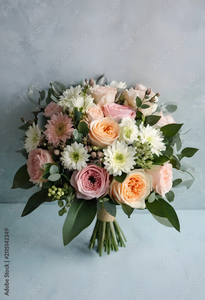 Obraz premium Elegant bridal bouquet with pink and peach roses, white chrysanthemums, and green eucalyptus leaves on a textured background