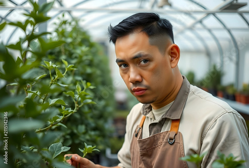Asian male gardener in a gr...
