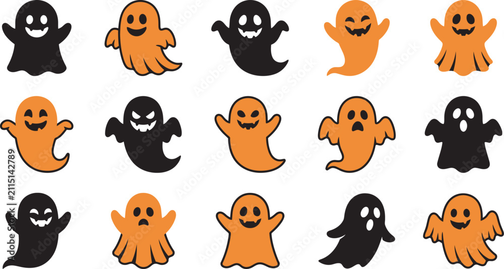 Obraz premium Set of cute ghosts in a halloween vector illustration featuring orange and black spooky spirits for festive holiday designs