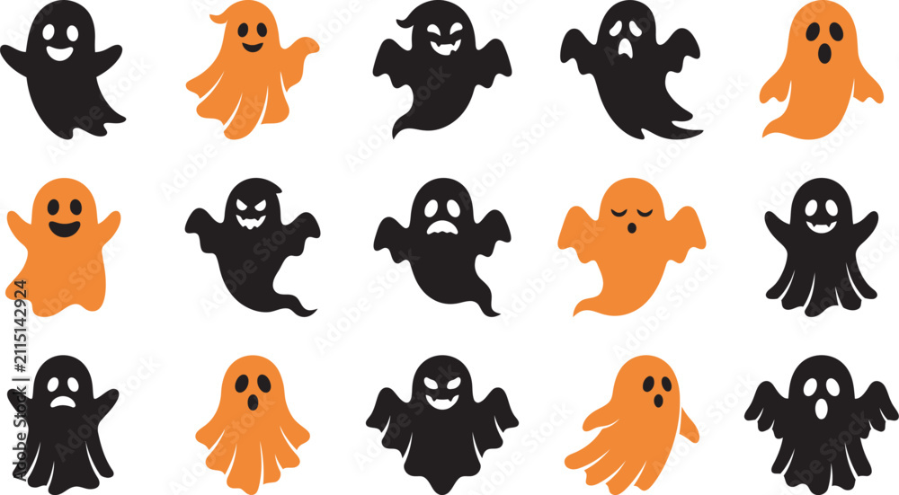 Fototapeta premium Set of cute ghosts for halloween vector illustration featuring various spooky characters in black and orange color palette