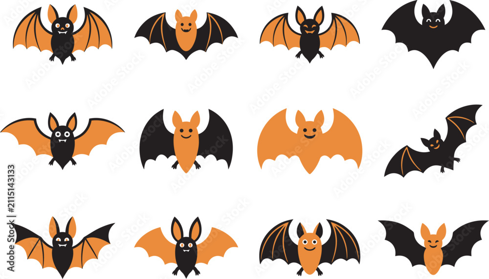 Obraz premium Set of cute halloween vector illustration featuring various hand drawn bat characters for seasonal holiday party decoration designs