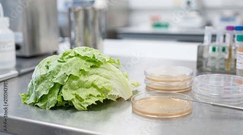 Close-Up of Iceberg Lettuce Leaves Beside Petri Dishes in Foodborne Parasite Testing Laboratory