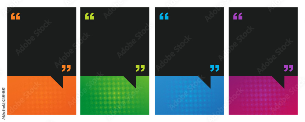 Fototapeta premium Modern quote bubble templates with colorful speech frames, set of 4 minimalist text boxes for social media, vibrant testimonial layout vector