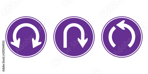 Konstfotografi Set of violet circle road signs illustrating u turn and roundabout movement for traffic regulations