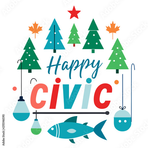 Happy civic holiday vector illustration with canadian symbols, pine trees, maple leaves, and fish