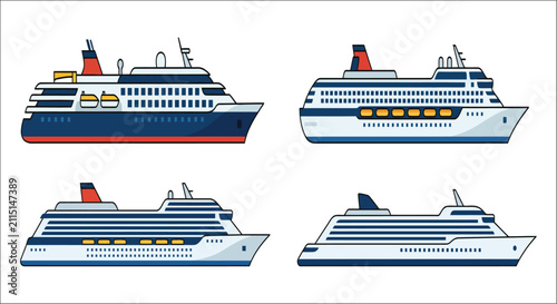 Four vector illustrations of passenger ships with red and blue coloring side views cruise liner