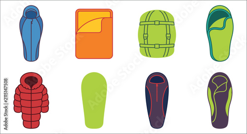 Colorful Sleeping Bag Collection Flat Vector Illustration With Varied Shapes And Designs sleepingbag sleepingbags bedroll
