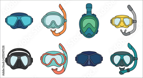 Snorkel Masks And Goggles Colorful Vector Illustration On White Background aquatic diving equipment faceplate fins