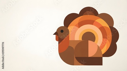 A minimalist geometric turkey illustration designed for a festive happy thanksgiving greeting card featuring warm autumn colors and clean shapes on a simple light background