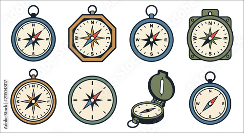 Collection of compasses in various styles a vector illustration on a white background adventure analog