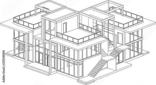 Modern Isometric House Architectural Line Drawing with Contemporary Residential Building Design