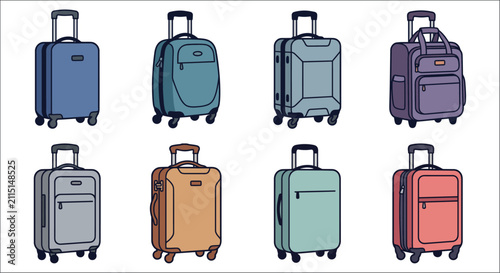 фотографія Collection of wheeled suitcases in various colors vector illustration on a white