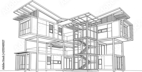 Modern Residential Building Structural Wireframe Architectural Line Drawing with Contemporary House Design