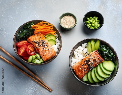 two healthy grilled salmon poke bowls with fresh vegetables and rice