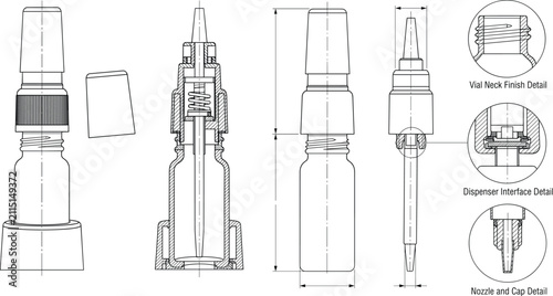 Technical Drawing of Precision Dropper Bottle Dispenser with Nozzle Cross Section Views