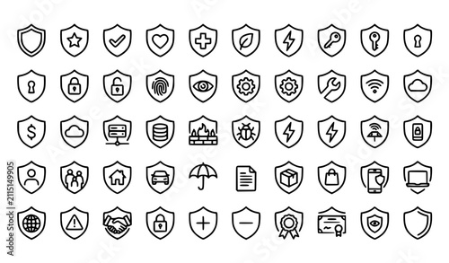 Protection Outline Icon Collection with Shield Lock Privacy Insurance and Security Editable Vector