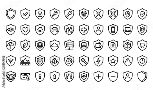 Editable Shield Line Icon Pack with Protection Security Privacy Insurance and Safety Symbols Vector