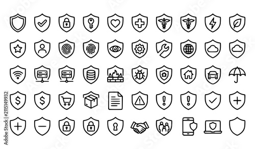 Shield and Protection Thin Line Icon Set with Security Privacy Safety and Editable Stroke Vector Collection