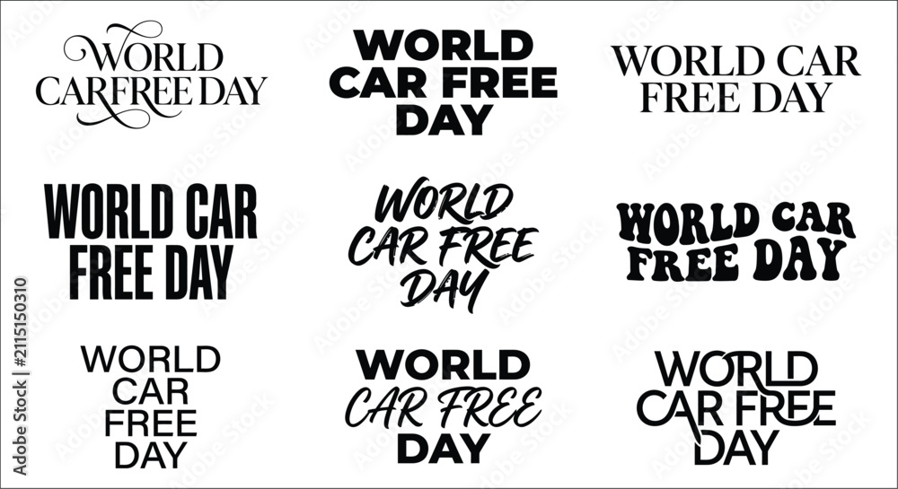 Obraz premium World Car Free Day typography collection black lettering on a white background accessibility advocacy alternative