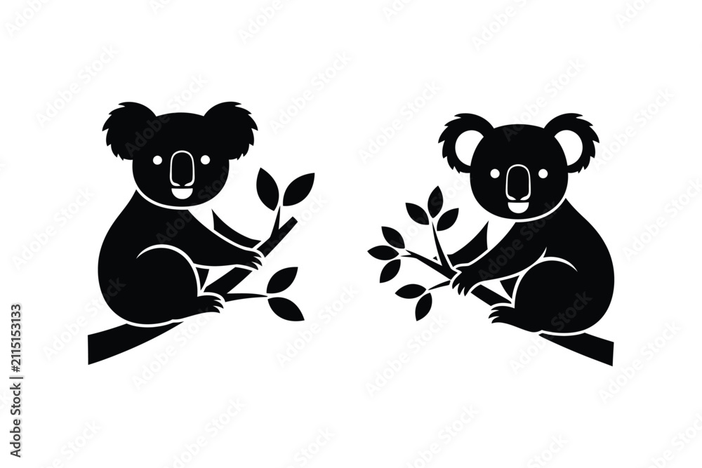 Fototapeta premium Koala silhouette vector icon set on white background