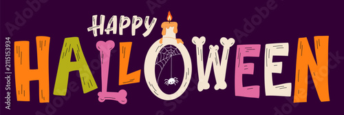 Happy Halloween typography lettering text banner design vector. Spooky colorful words featuring a burning candle spiderweb and carved bone letter shapes greeting poster