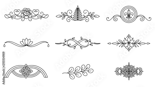 Vintage Floral Ornamental Frame and Border Vector Set with Victorian Calligraphic Scrolls Decorative Flourishes Elegant Design Elements for Classic Pattern Illustration