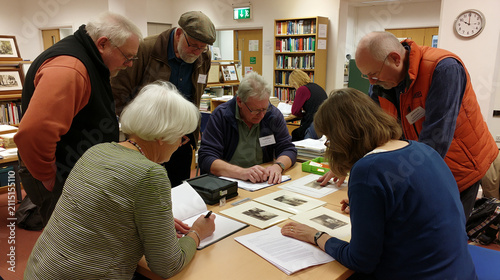 Senior group educational workshop with discussion and hands-on learning, mentoring and vintage photographs in a gallery library