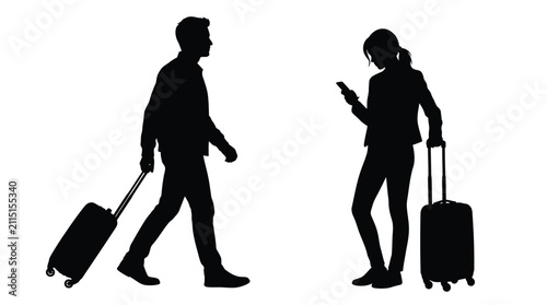 Canvas Print Black silhouette vector illustration of travelers with luggage walking and stand