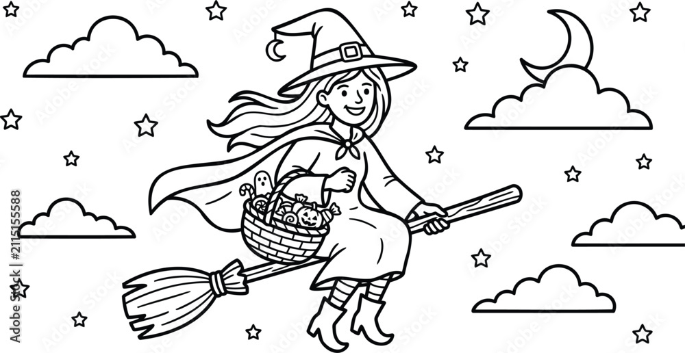 Obraz premium Cartoon witch with striped dress and pointed hat flying on broomstick under crescent moon