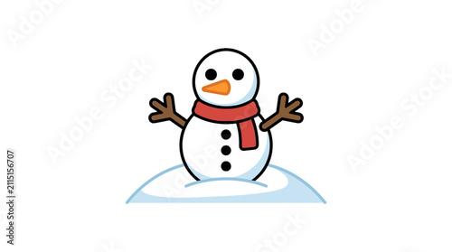Принти на полотні Friendly snowman wearing red scarf in winter snowbank